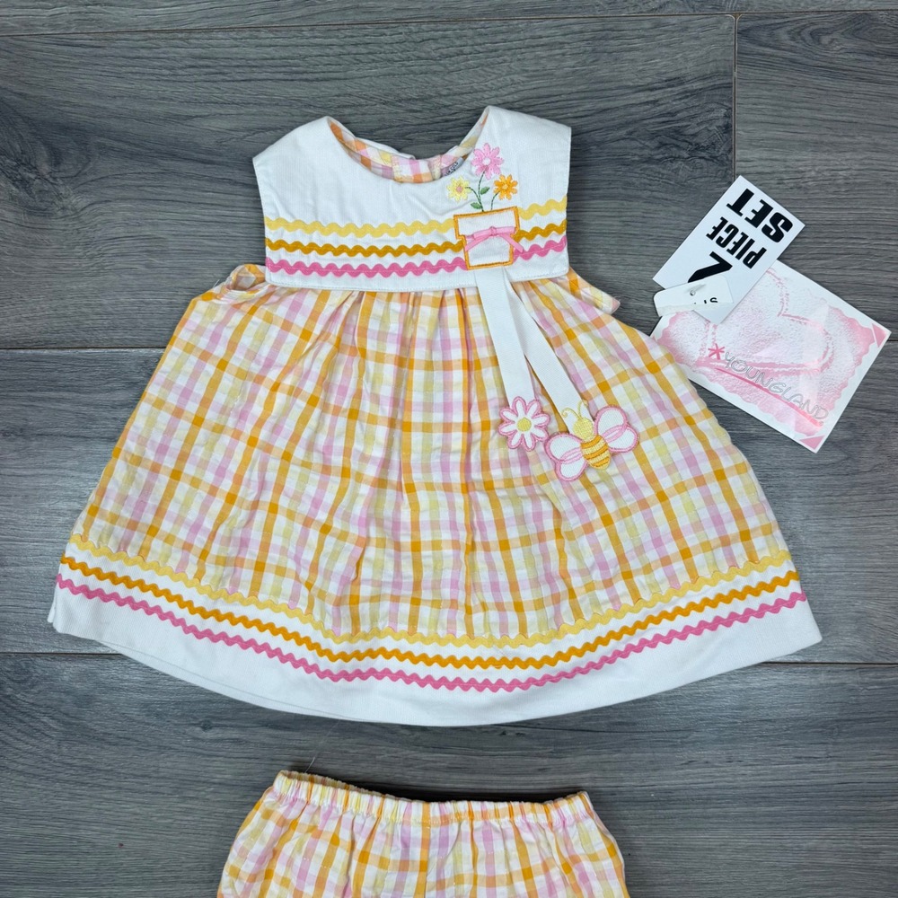 Vintage 2001 Youngland 12M Baby Dress Bloomers Set Pink Gingham Floral NWT - Picture 2 of 13